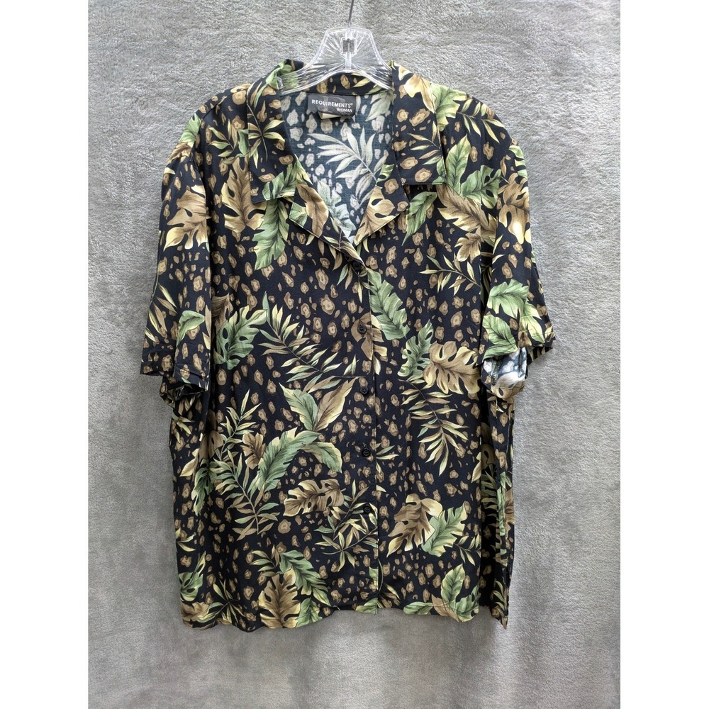 Tropical Leaf Print Button Down‎ Shirt Womens 2X Botanical Vintage 90s Safari